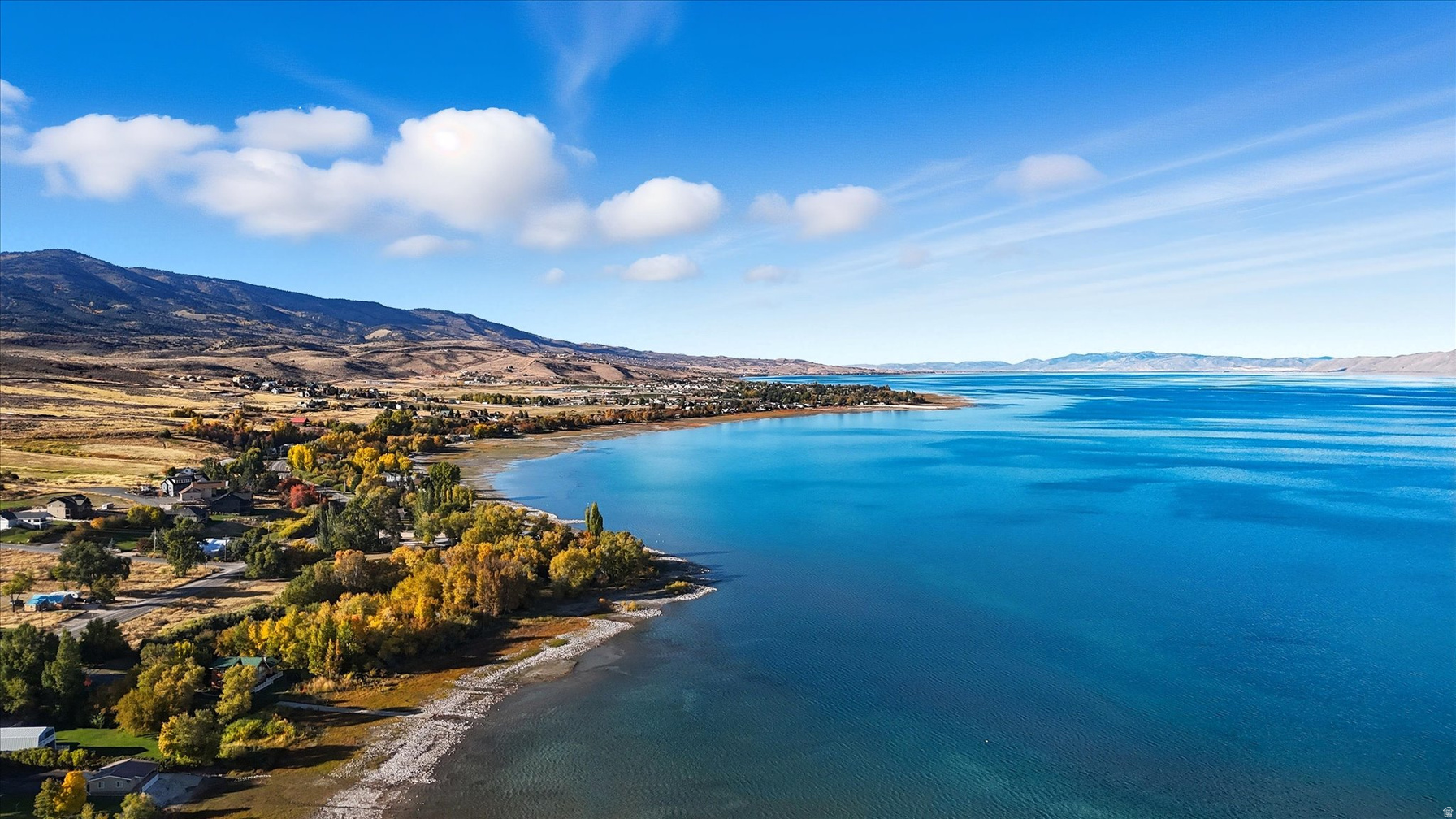 Vivid turquoise Bear Lake water meeting autumn shoreline below the Lakeview ridge