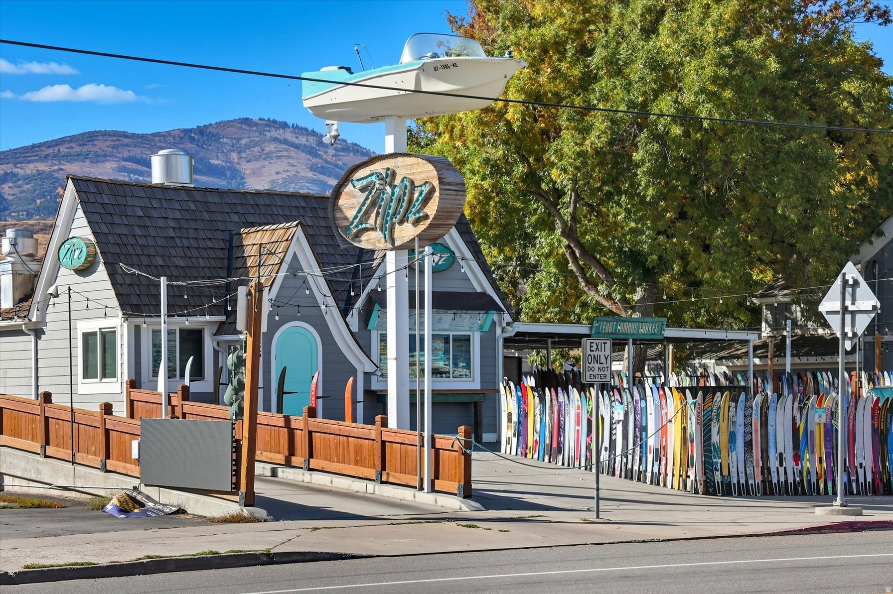 Zipz boat-and-board shop on Bear Lake Boulevard in Garden City with the iconic vintage boat sign